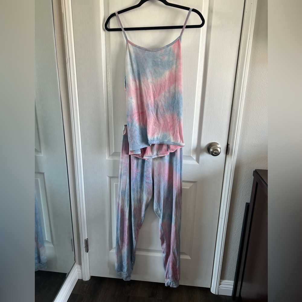 Women’s tie dye 2 piece sleeveless tank top pants pijamada set pink blue soft